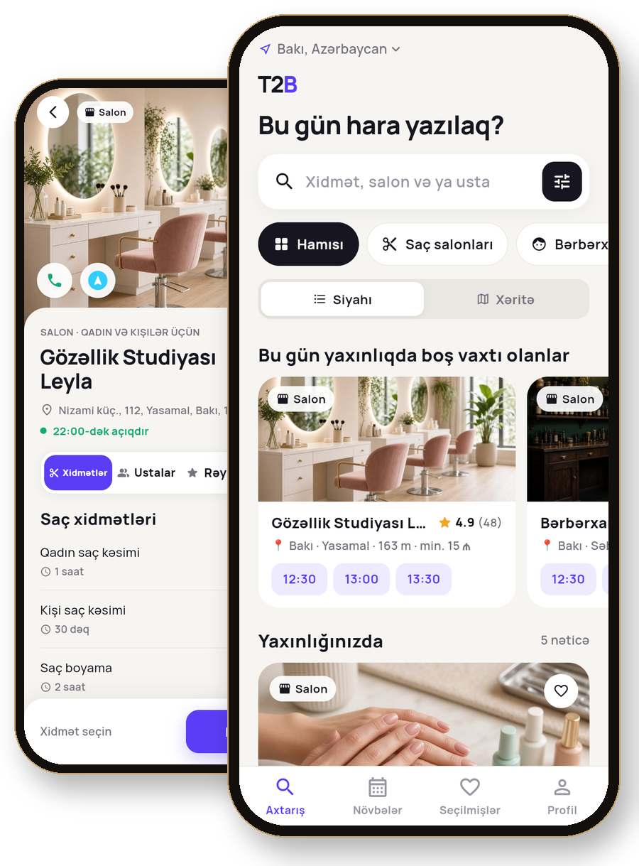 Telefonda Time To Beauty tətbiqi: salon axtarışı və salon səhifəsi