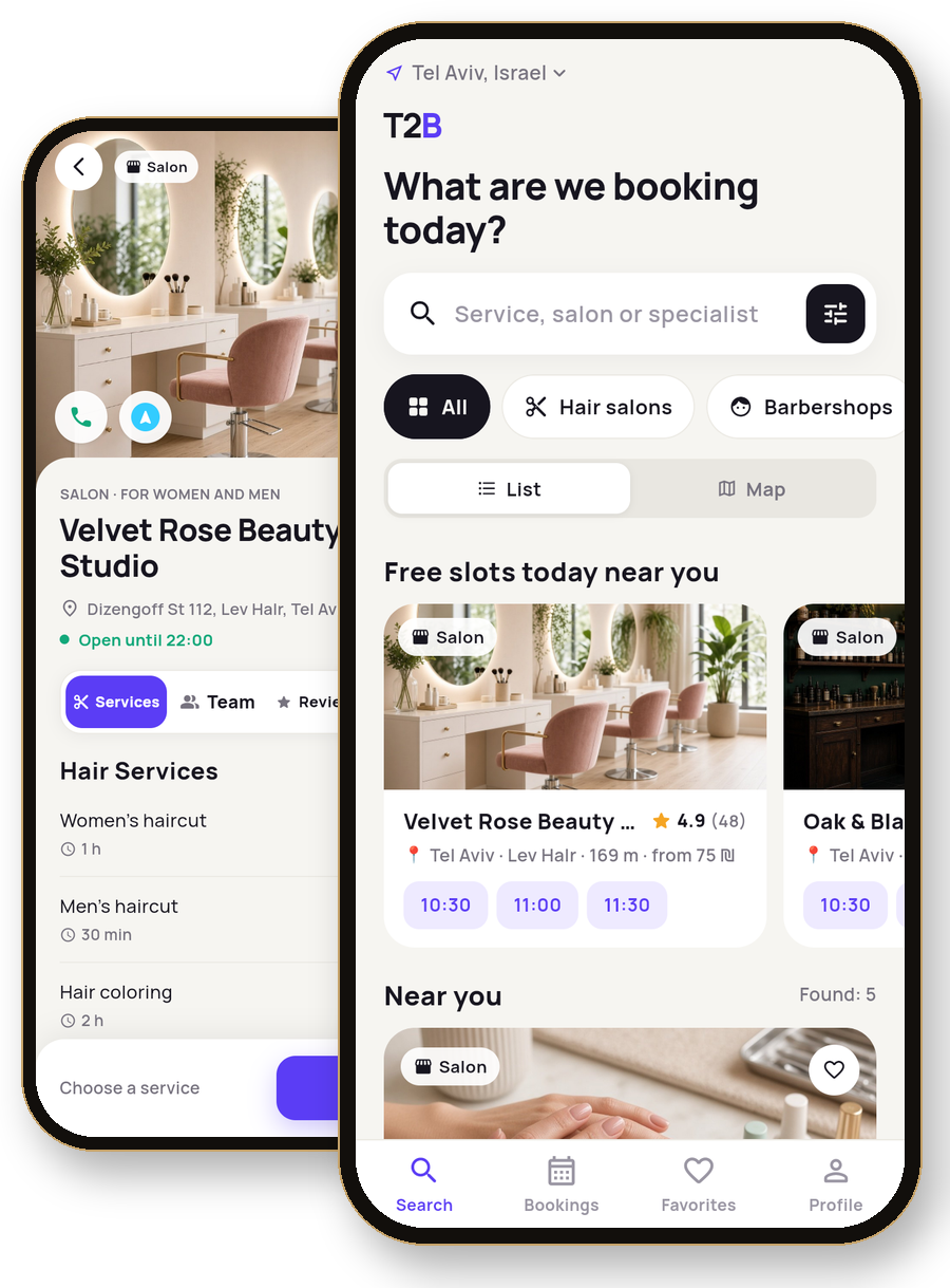 Time To Beauty app on a phone: salon search and a salon page